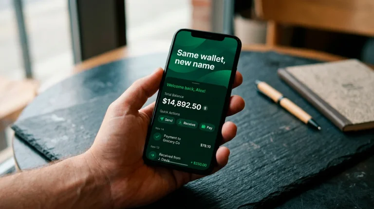 Smartphone showing a green digital wallet app displaying a name-change banner from ecoPayz to Payz