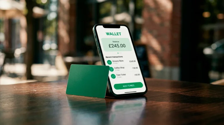 A plain green prepaid card resting against a smartphone wallet on a dark desk
