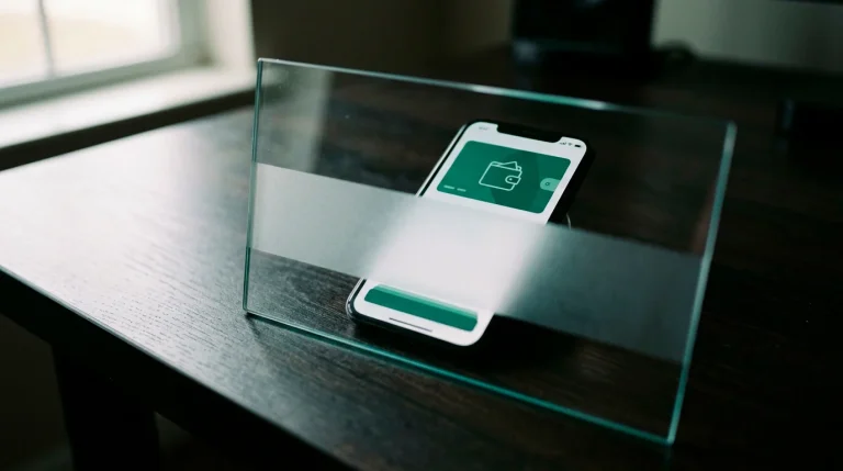 A green wallet partly concealed behind frosted glass illustrating privacy not anonymity