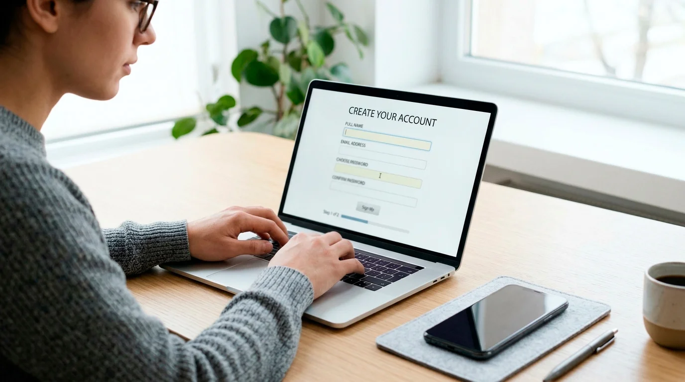 Person filling in a wallet registration form field by field on a laptop