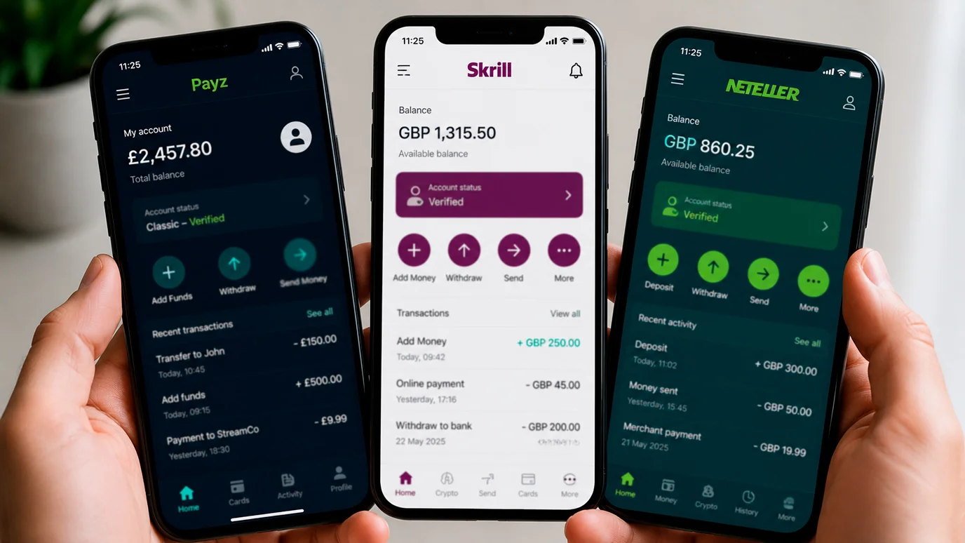 The ecoPayz, Skrill and Neteller wallet apps shown side by side