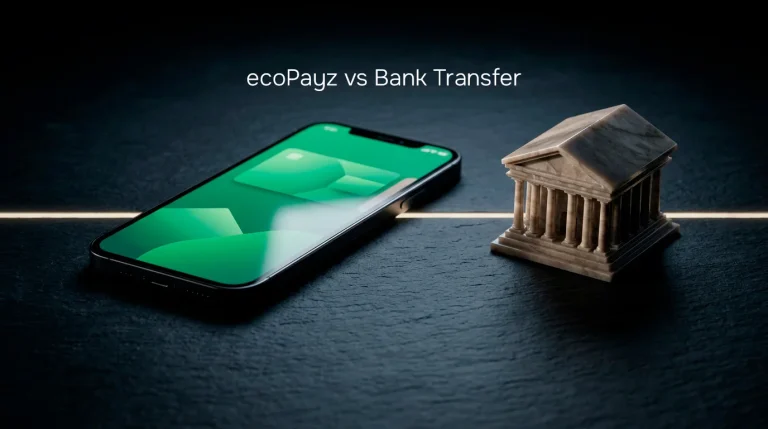A green wallet phone and a bank building icon facing off over speed and directness