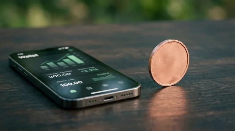 A regulated green wallet beside a volatile coin token contrasting stability and risk