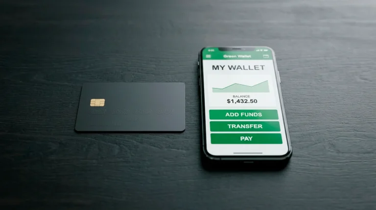 A plain debit-style card and a green wallet phone side by side showing a deposit choice