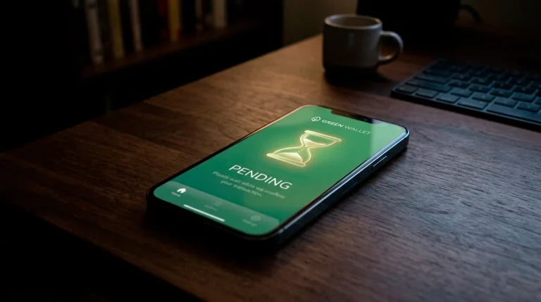 A green wallet payout held in a pending state with a soft hourglass glow on a dark screen