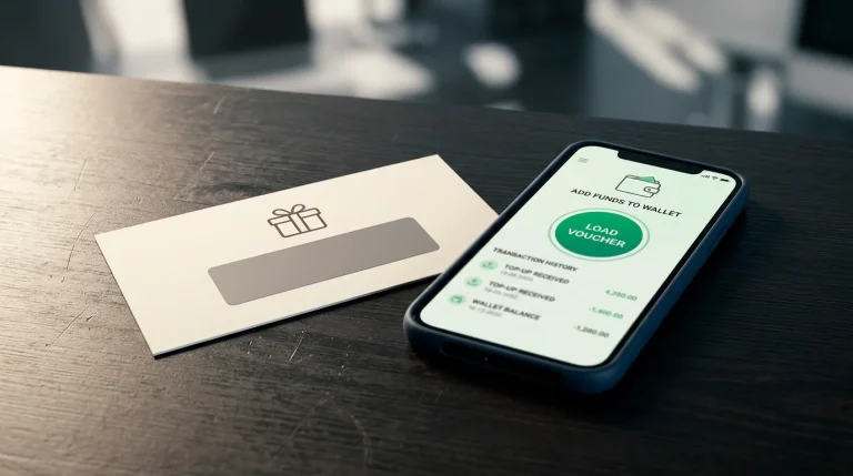 A plain prepaid voucher slip with a covered code resting beside a green wallet phone