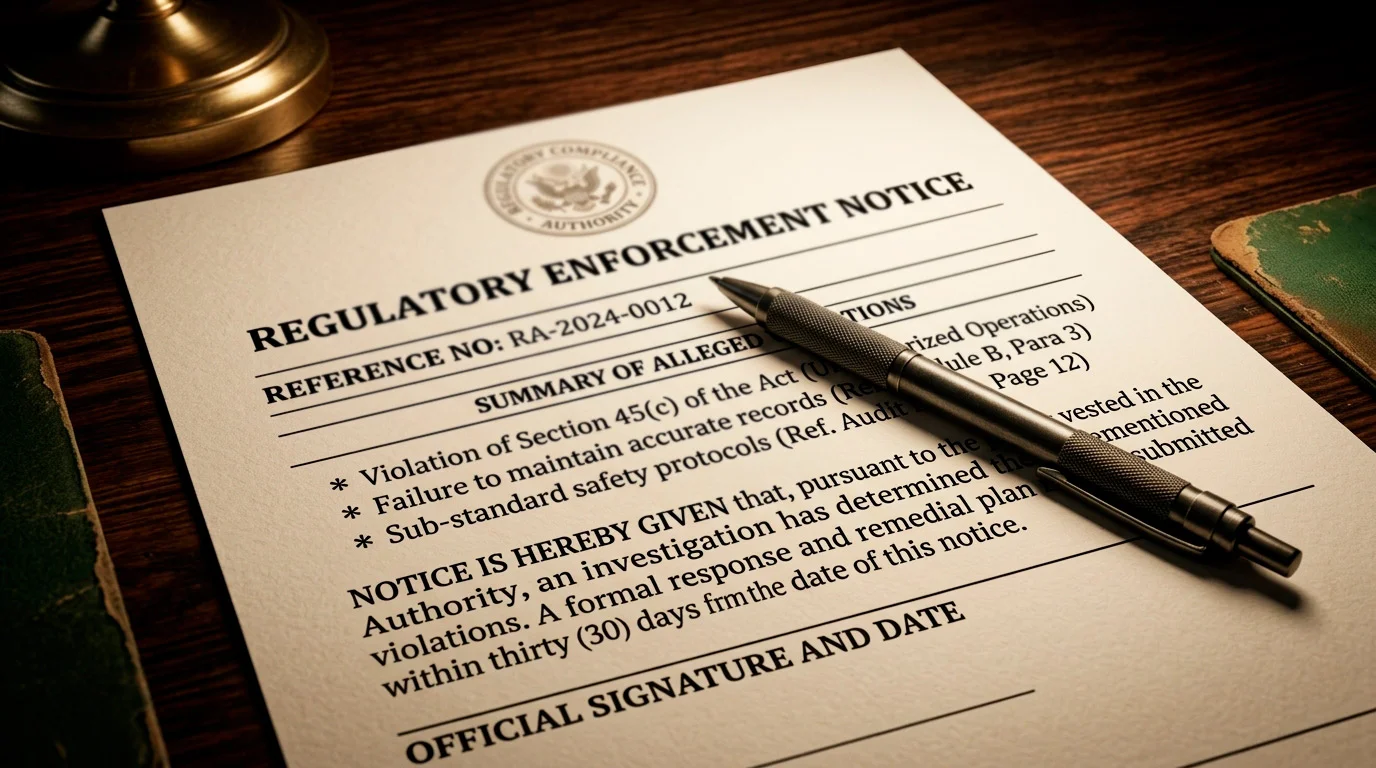 Printed regulatory enforcement notice on a desk under a desk lamp