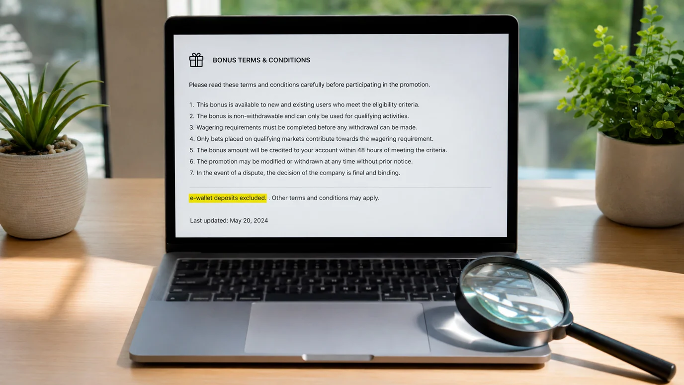 Bonus terms small print showing an e-wallet exclusion that affects Skrill and Neteller