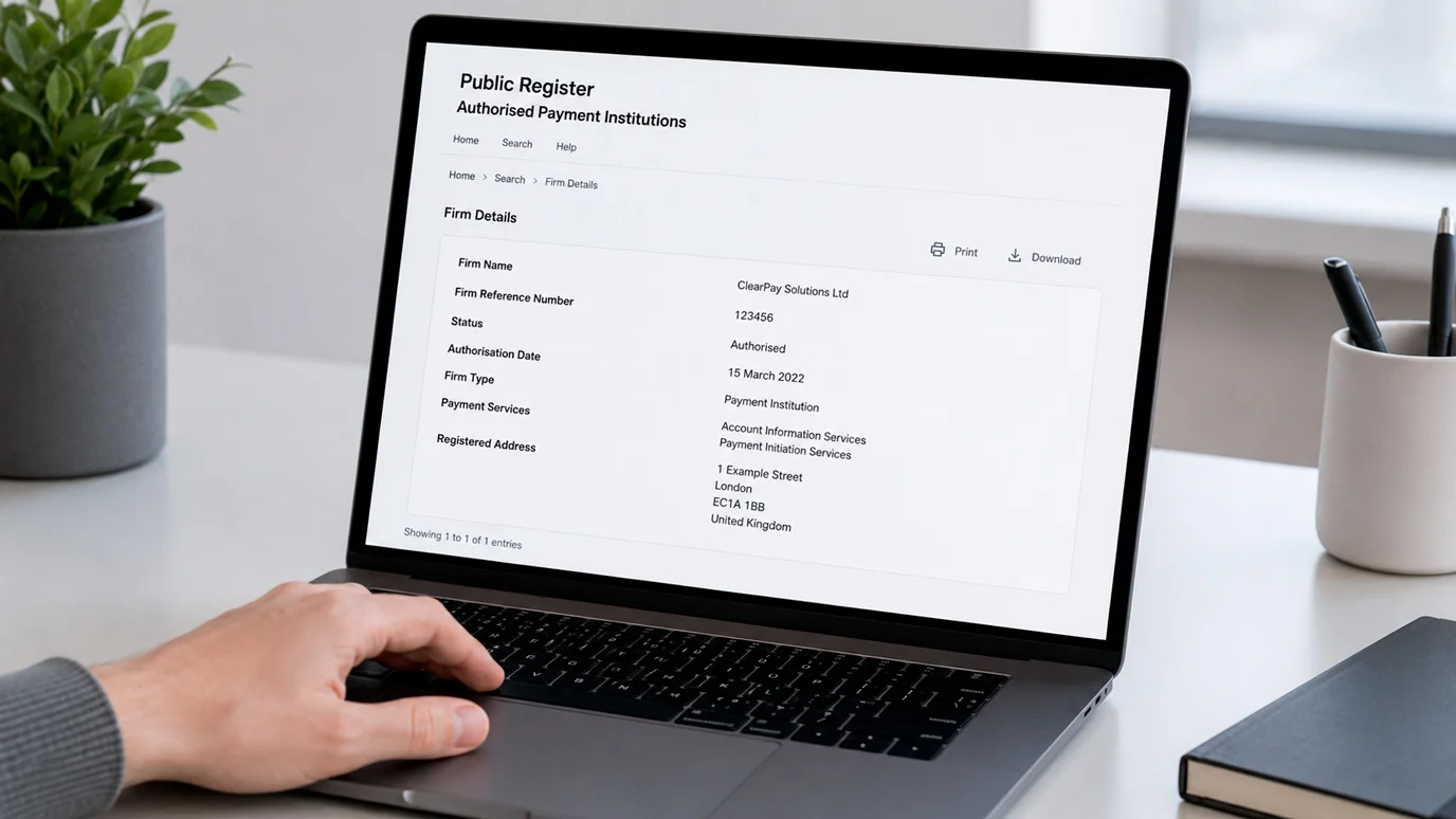 Laptop showing a financial regulator's public register entry for a payments firm