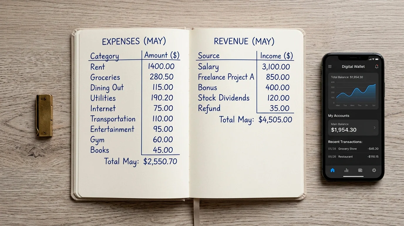 Person comparing two payment methods side by side on a notebook and phone