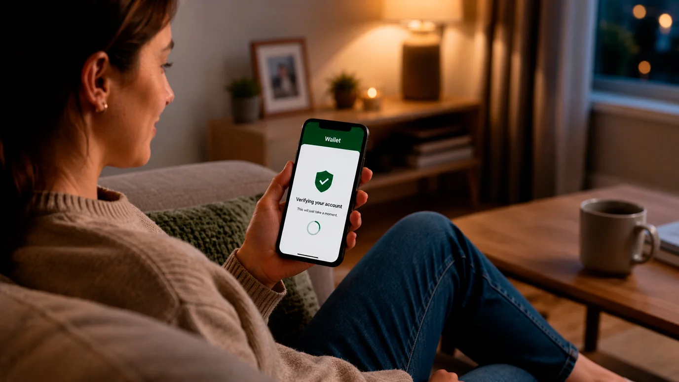 Person waiting briefly during a first-time deposit verification on a phone