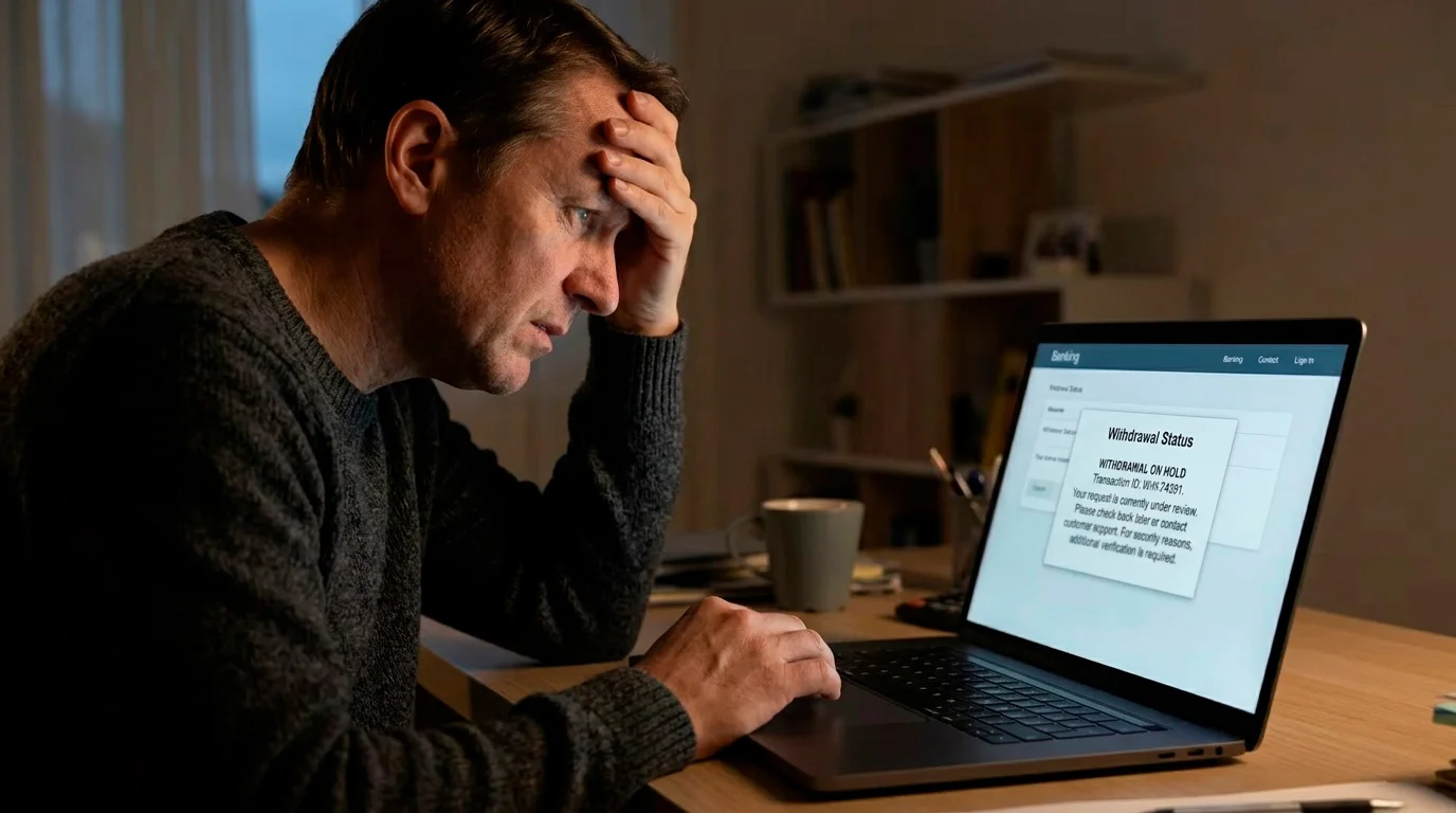 Person looking concerned at a stalled withdrawal on an unlicensed casino site