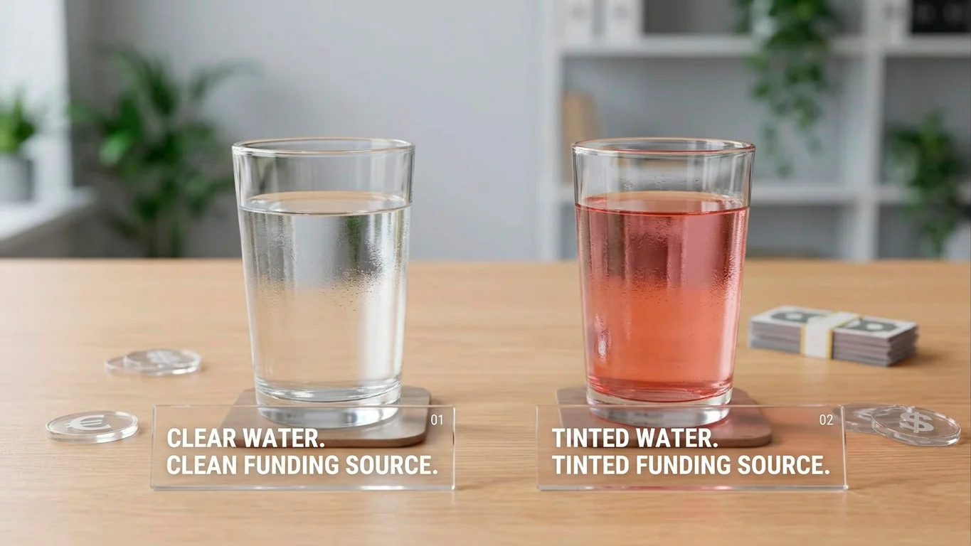 Glass of clear water beside a glass tinted faintly red illustrating a traced funding source