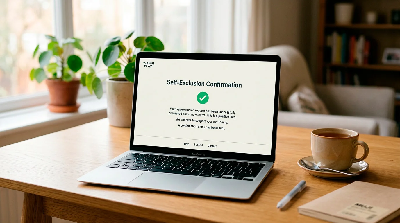 Laptop showing a self-exclusion registration confirmation screen