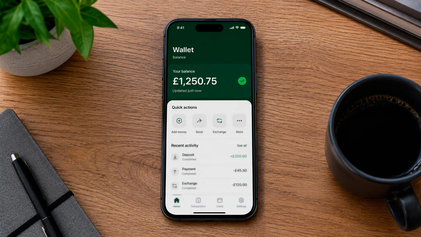 Smartphone showing a wallet balance confirmed in pounds sterling