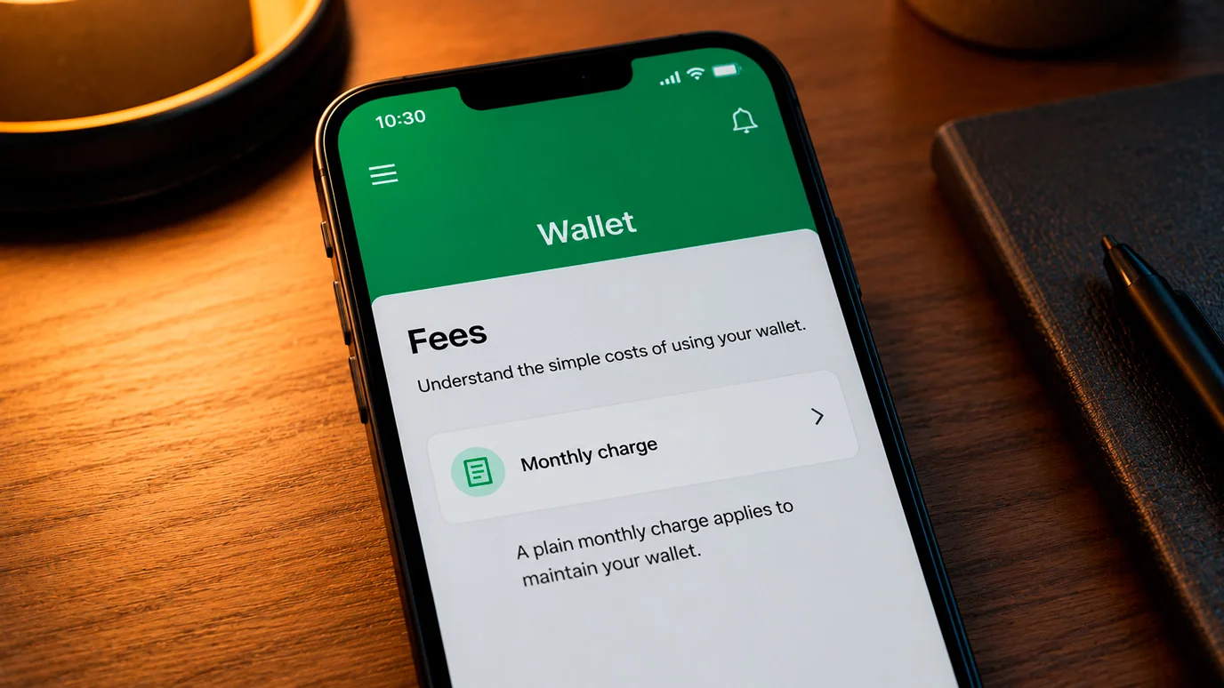 Wallet settings screen on a phone listing a small monthly maintenance charge as a plain row