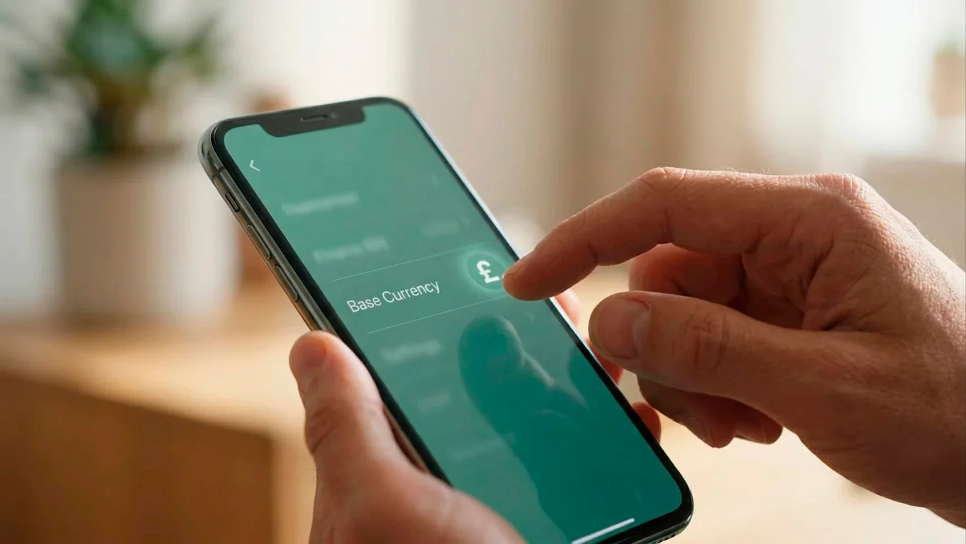 Person confidently selecting a base currency in a wallet app to avoid conversion