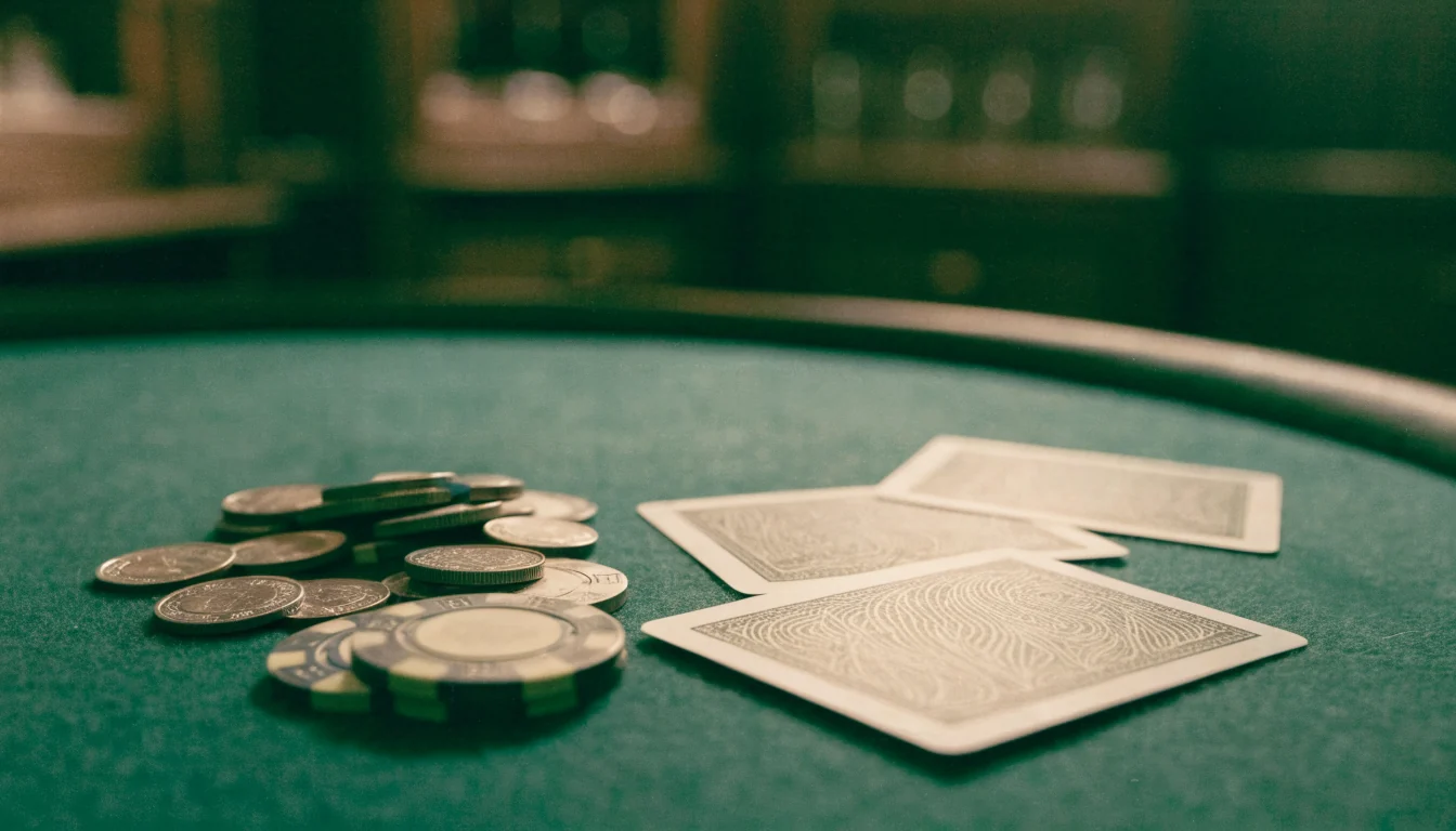 British pound coins beside casino chips on a green felt table.