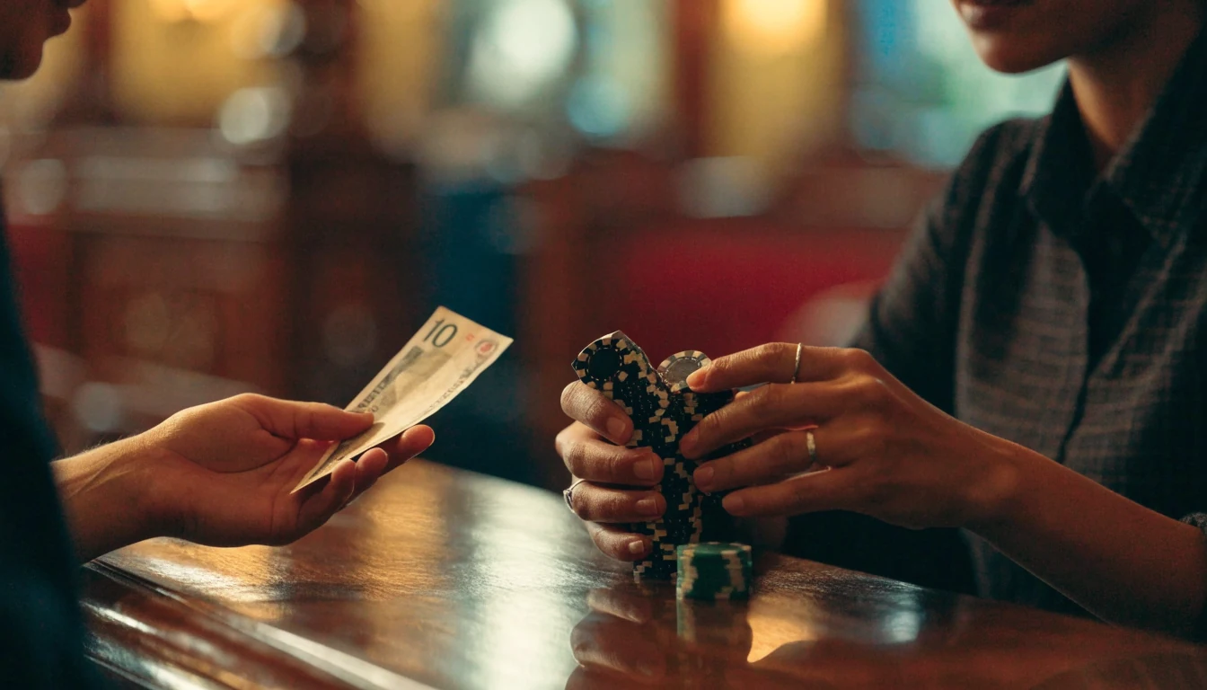 Player handing a ten pound note to a cashier for casino chips in a UK gaming lounge.