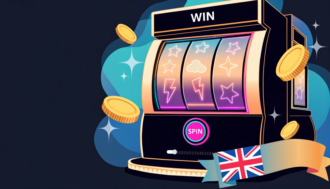 Stylized slot machine with golden coins and Union Jack banner, illustrating UK no-deposit free spins offer.