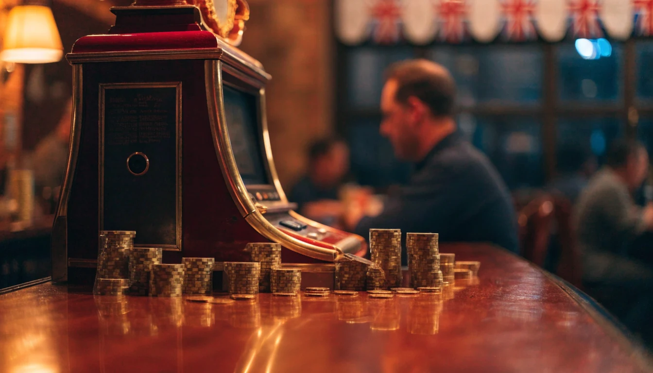 British pub slot machine corner with golden casino chips and Union Jack decor
