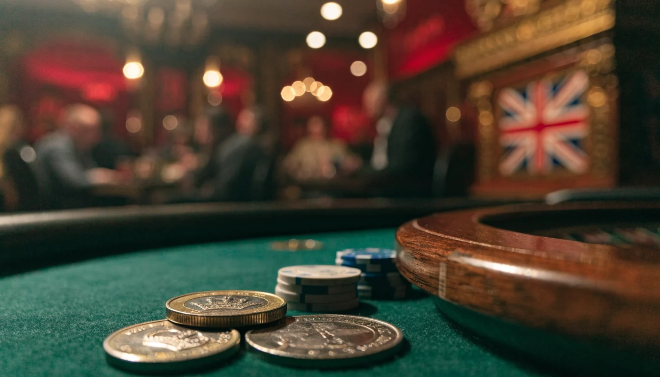Two £2 coins on a green casino table with chips and roulette wheel in a classic UK gaming room.