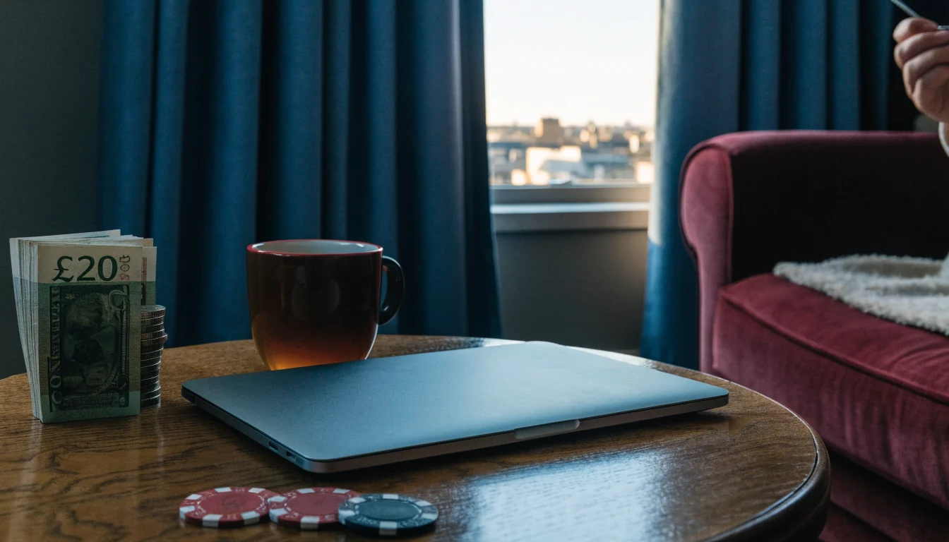 Closed laptop with £20 banknote and casino chips on a British living room coffee table