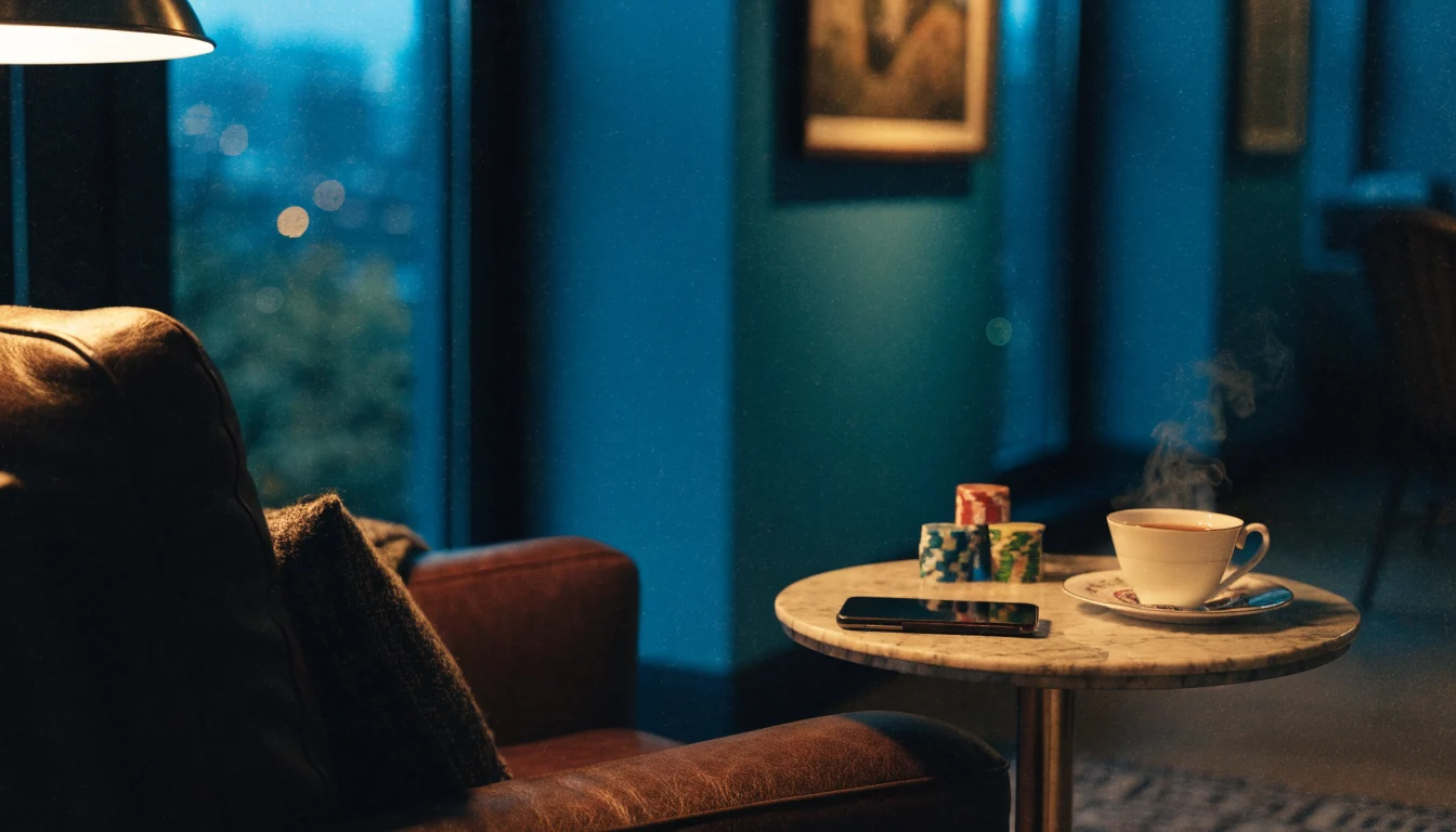 Cozy British living room with face-down smartphone, casino chips, and a teacup