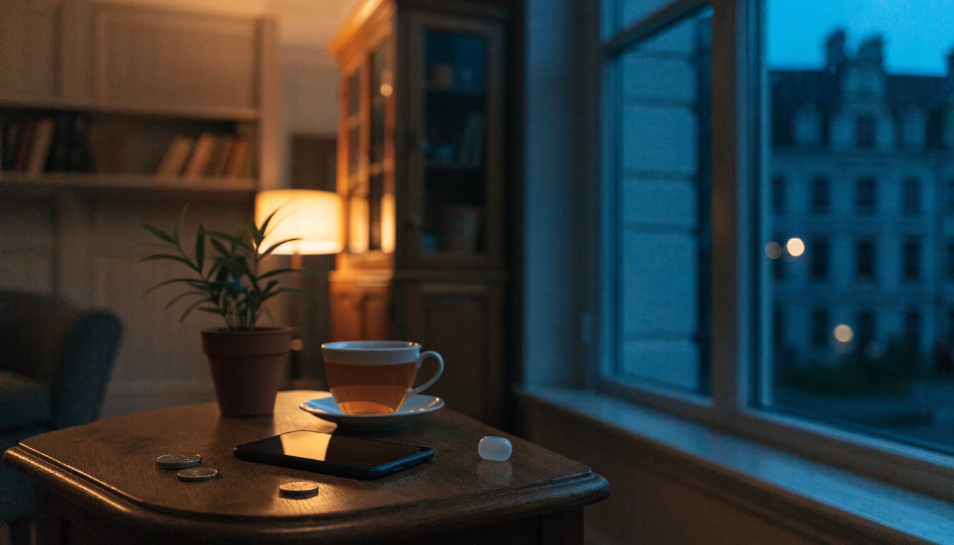Smartphone face-down on a table with tea and pound coins in a London apartment