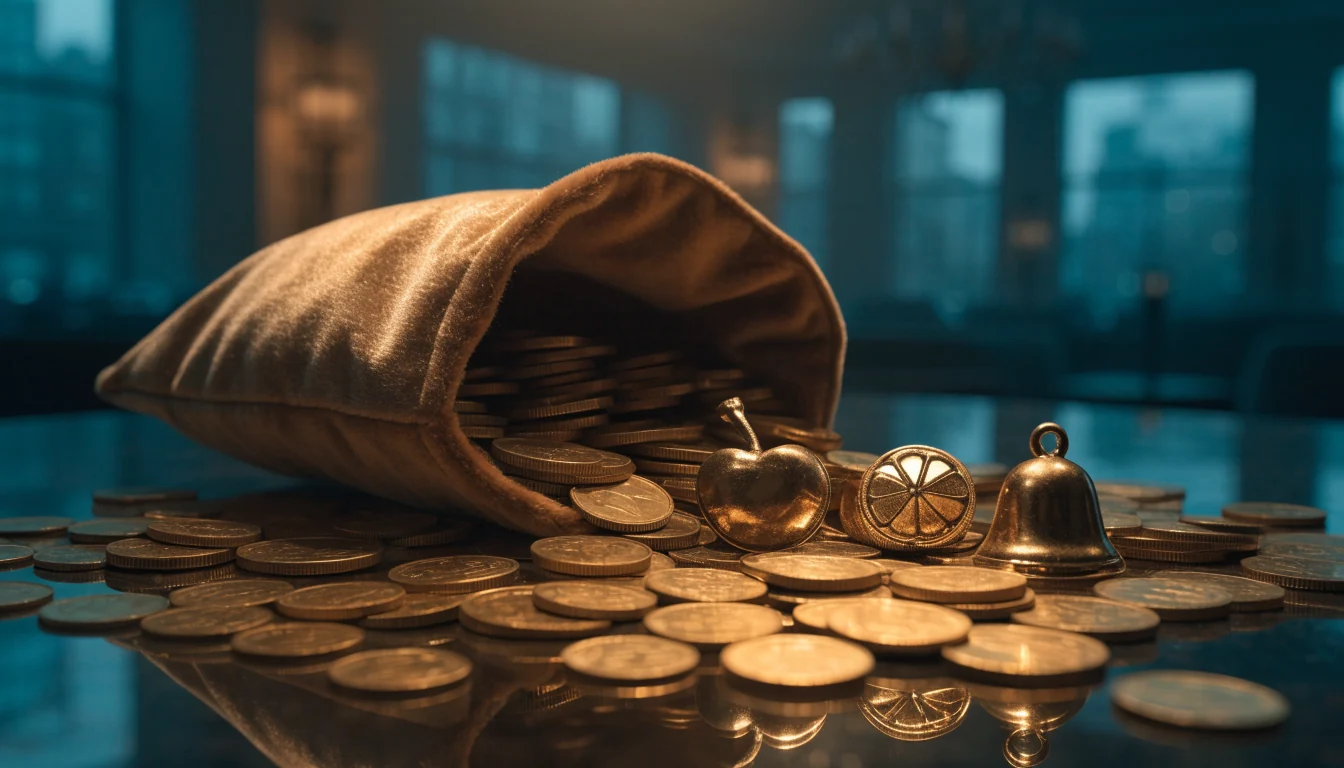 Golden coins and slot fruit symbols on a dark table