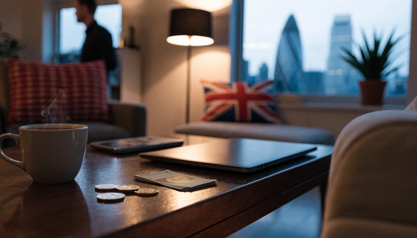 British home scene with closed laptop, pound coins and tea on a table