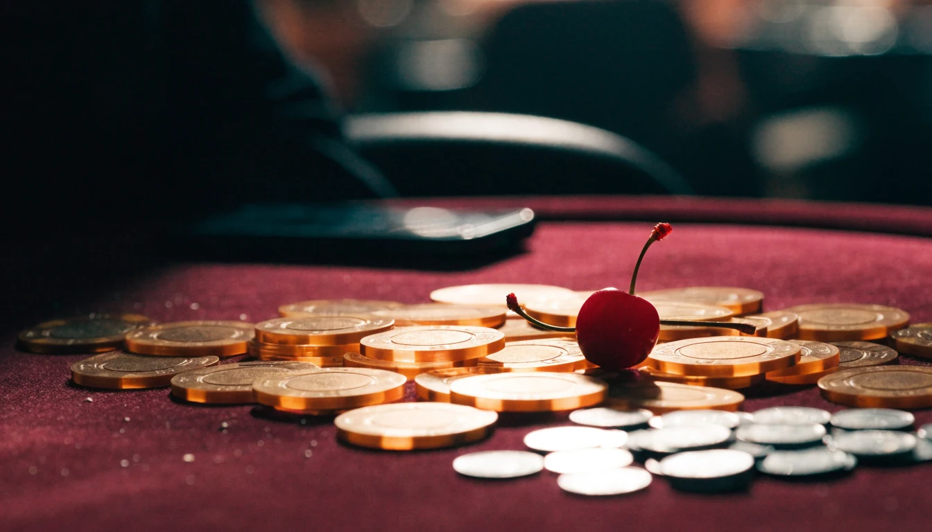 Casino chips, cherries, and coins on a dark velvet table