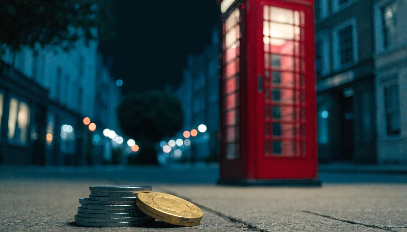 Red London telephone booth glowing at night with casino chip and pound coins on the pavement