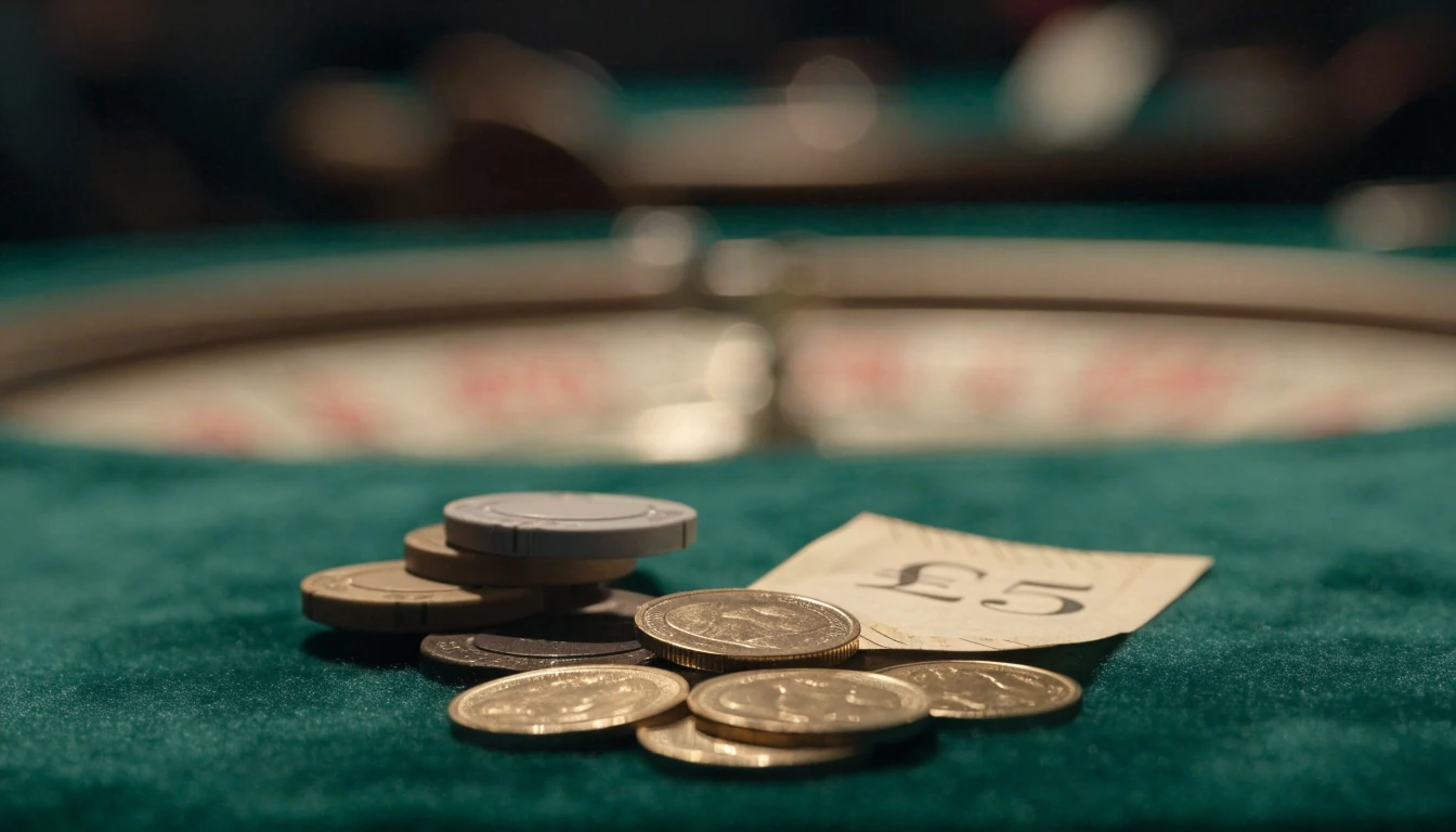 British pound coins and chips on a green casino table