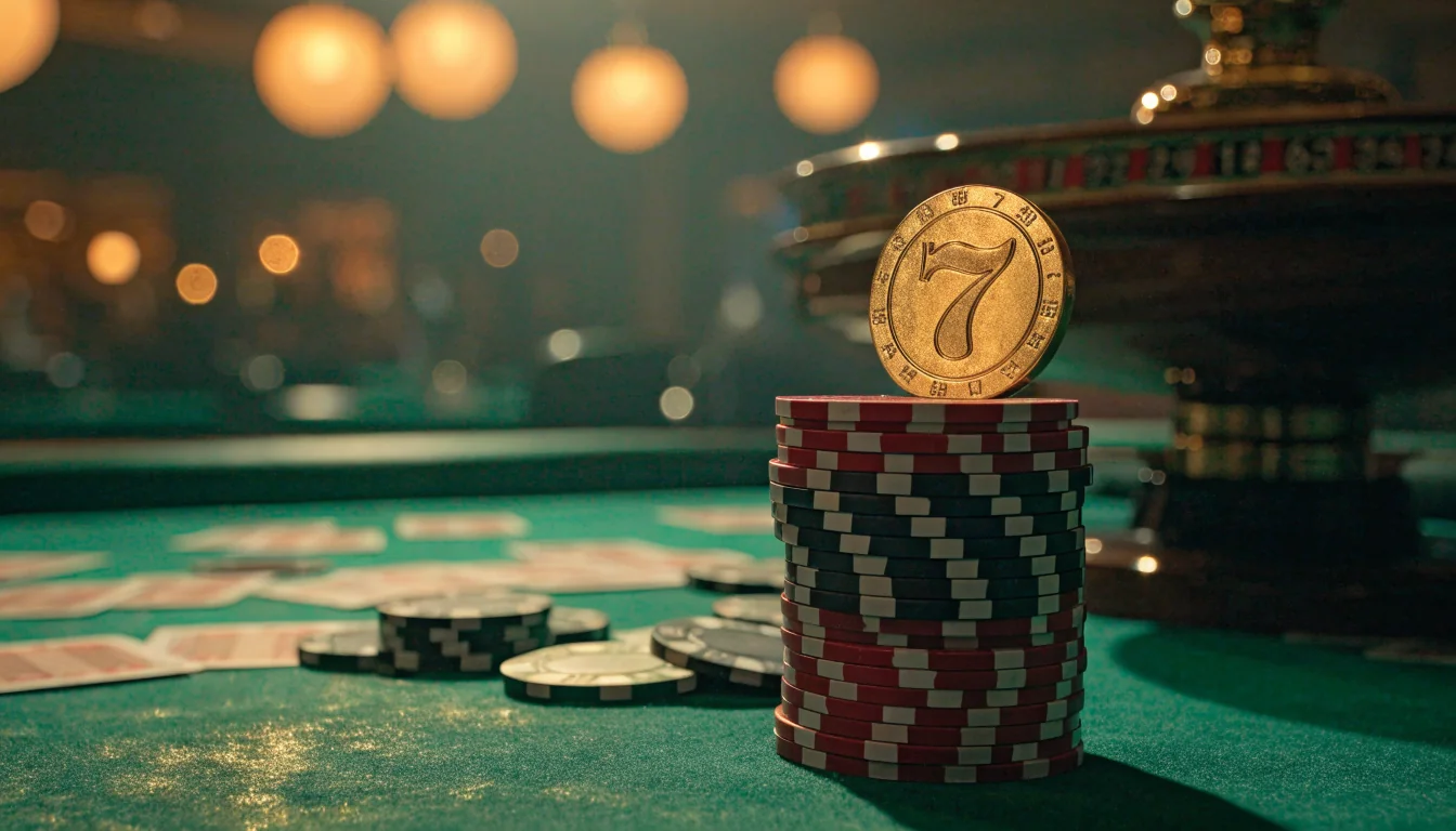 Stacked poker chips, golden seven token and roulette wheel on green casino table