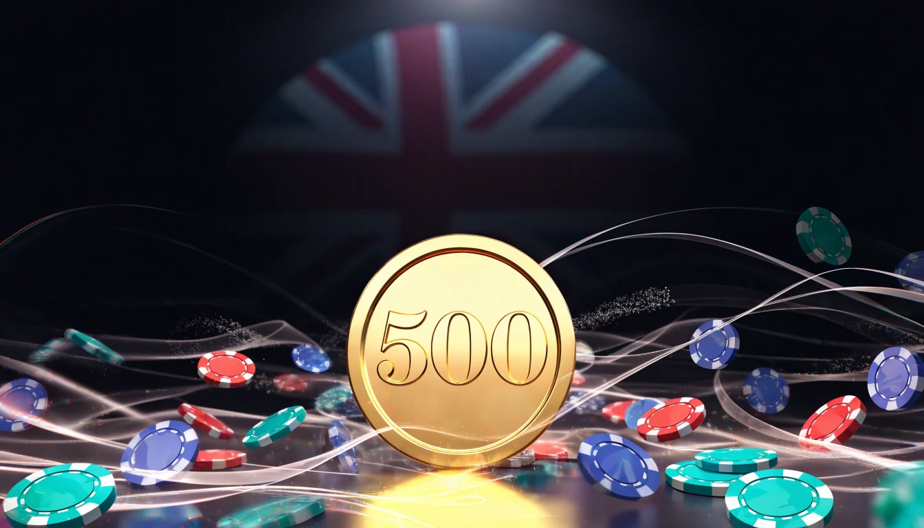 Golden 500 coin surrounded by casino chips on a dark British-themed background
