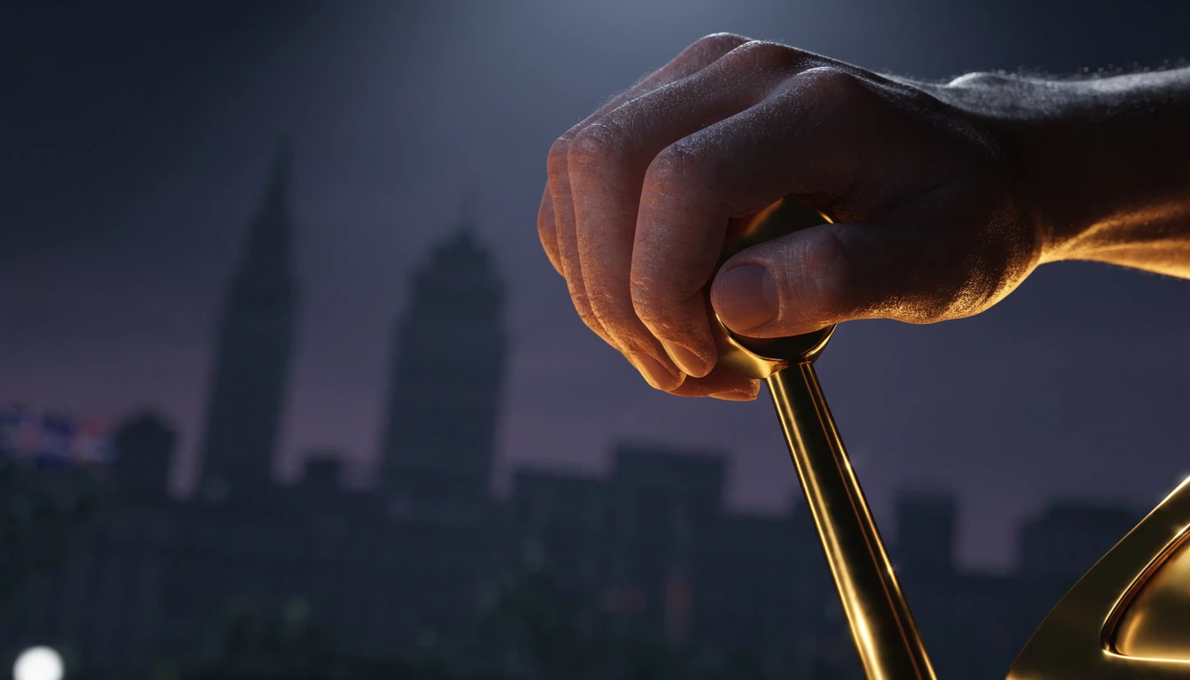 Glowing golden slot machine lever pulled by a hand against a moody London skyline backdrop