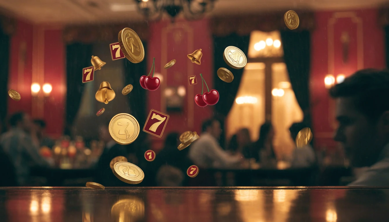 Golden coins and slot symbols floating in a stylish British casino lounge