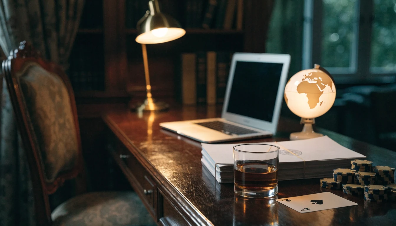 Mahogany desk with closed laptop, legal documents, globe, whiskey, and casino chips