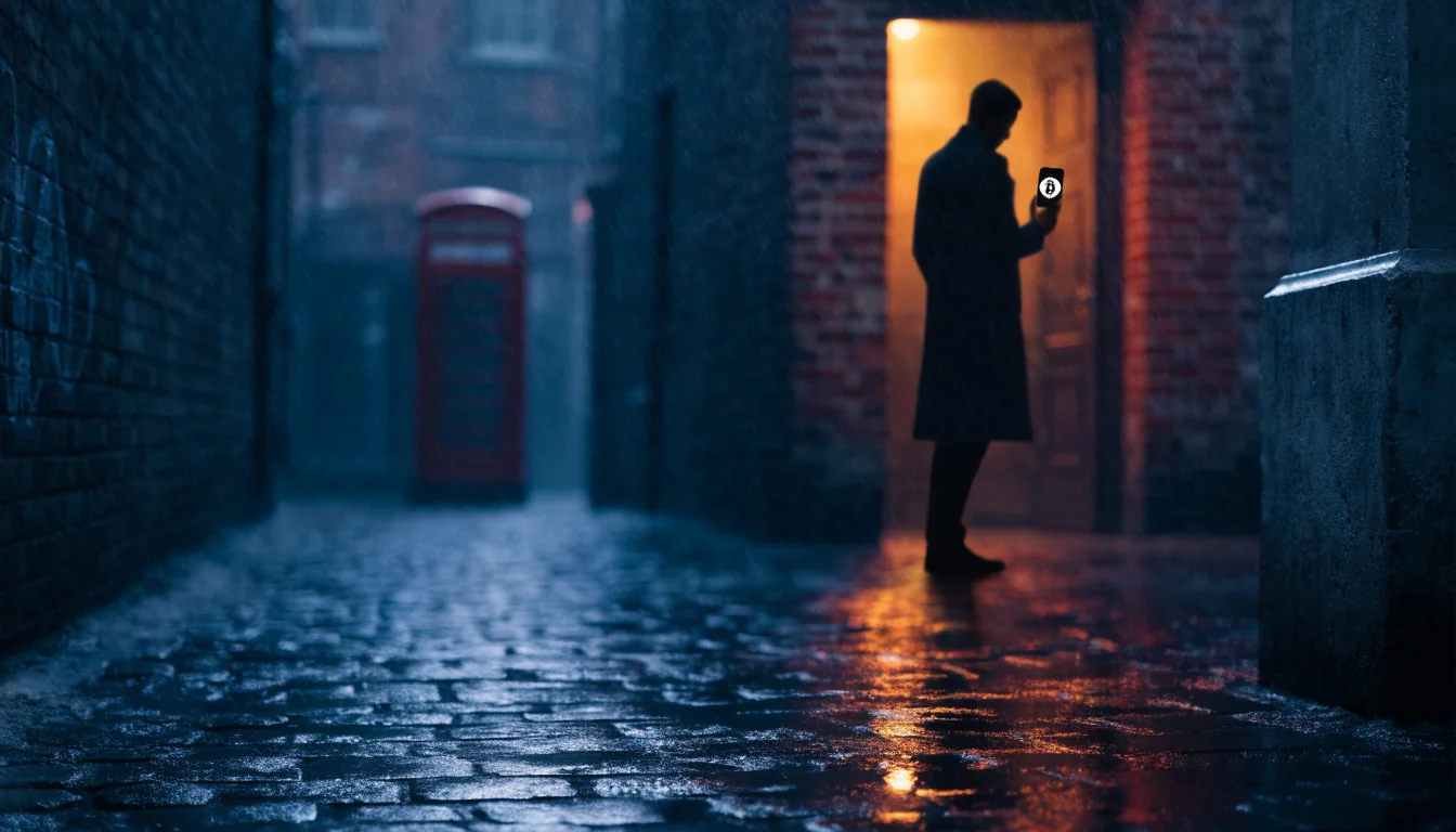 Anonymous figure at a neon-lit London alley entrance with a Bitcoin-themed phone, evoking crypto casino privacy.