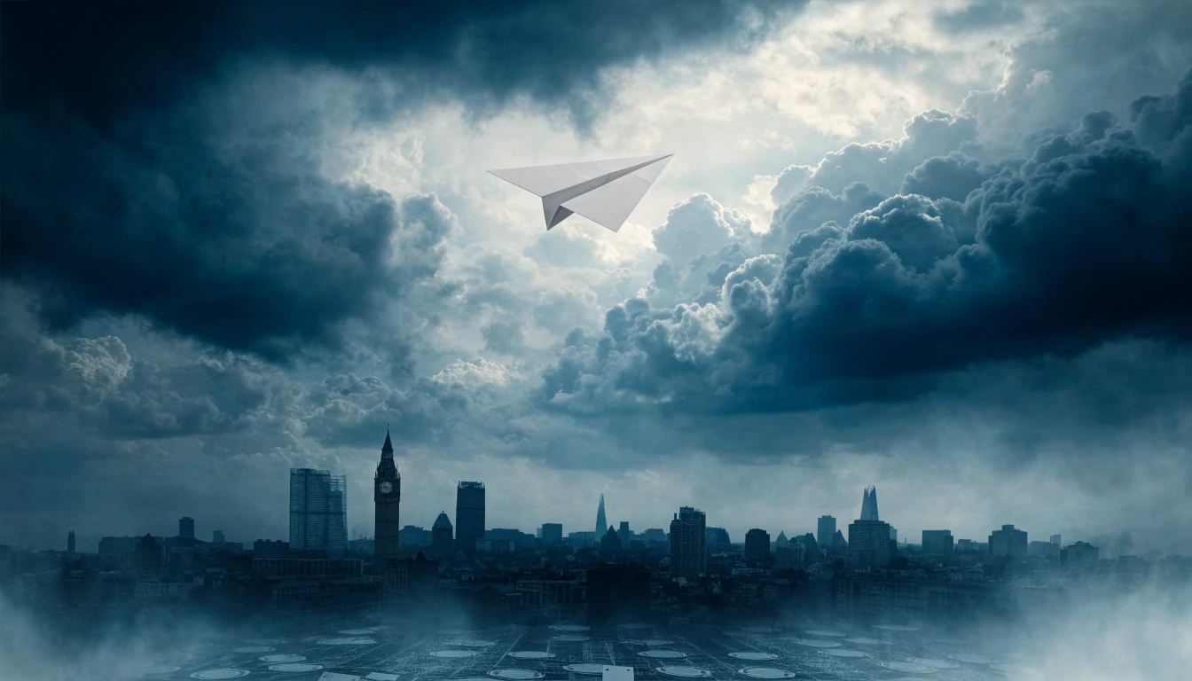 Stylized paper airplane flying over London skyline with subtle casino chips below
