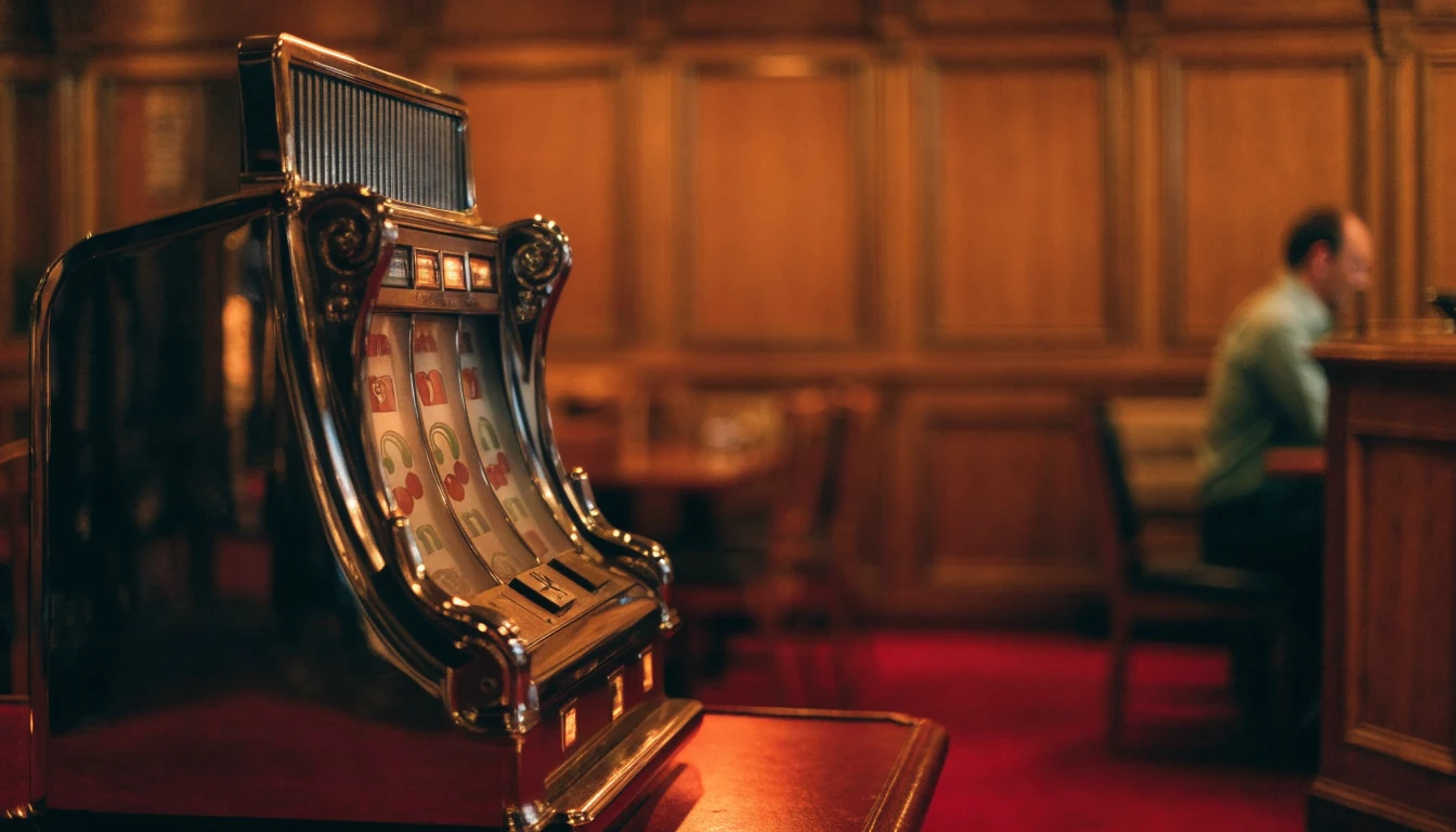 Classic three-reel slot machine in a warm British casino lounge