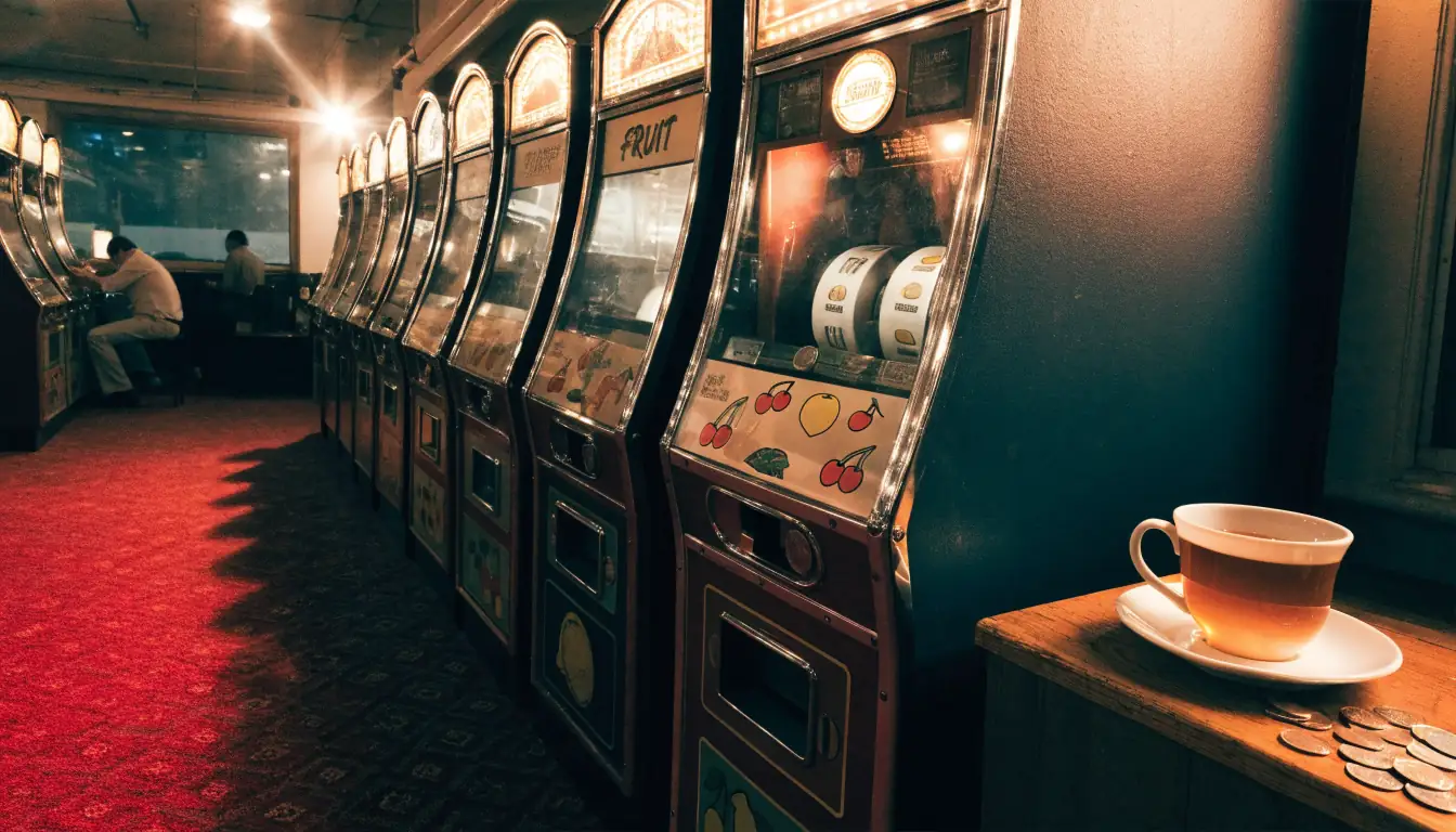 Row of colourful fruit machine cabinets in a British amusement arcade