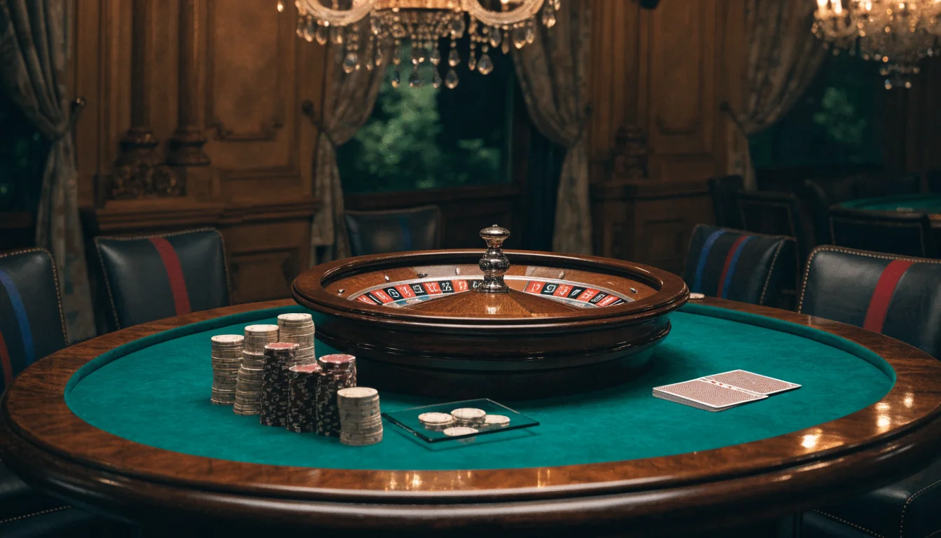 Elegant UK casino table with roulette wheel, chips and cards