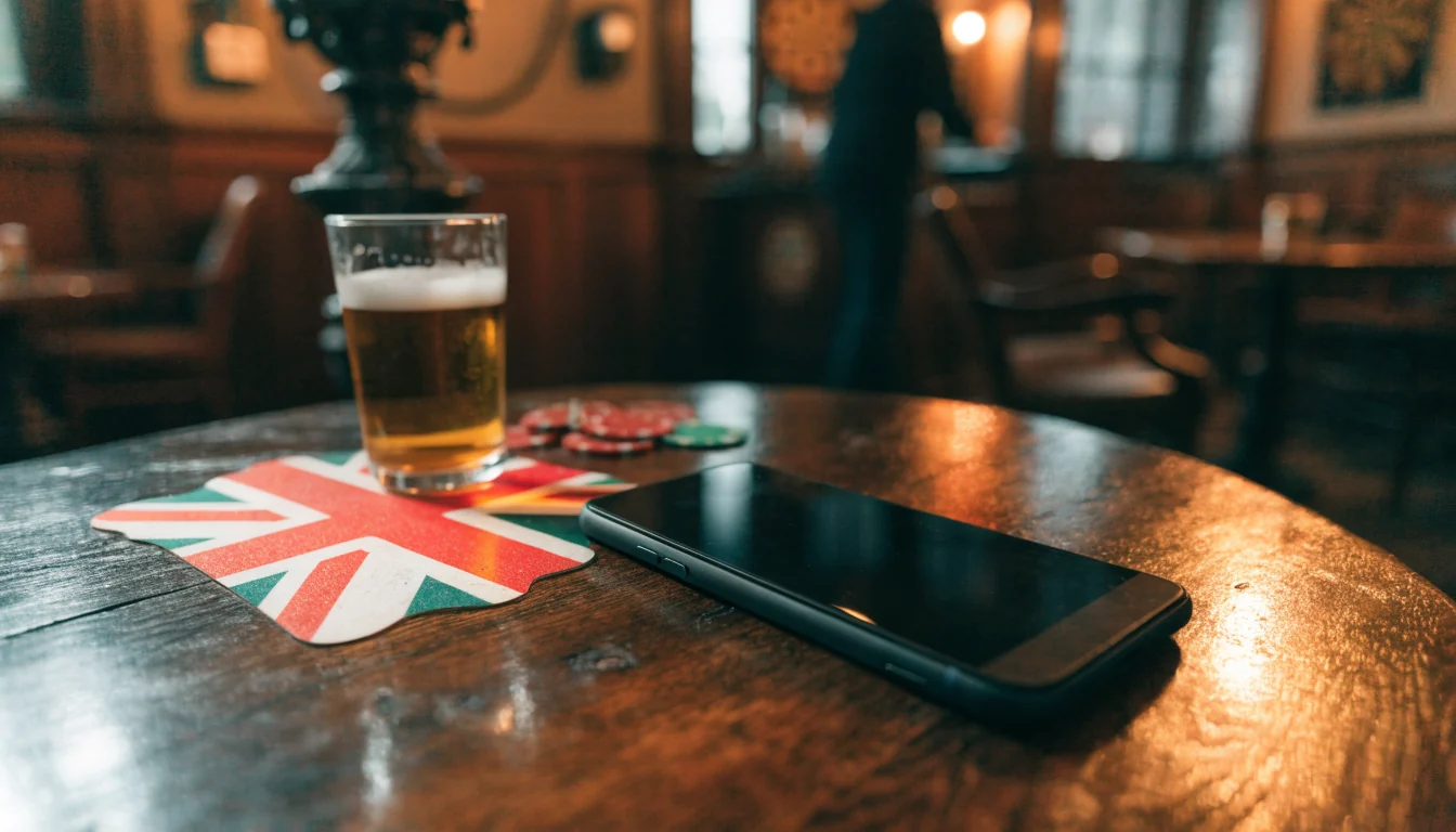 Android phone face-down on British pub table with casino chips and ale
