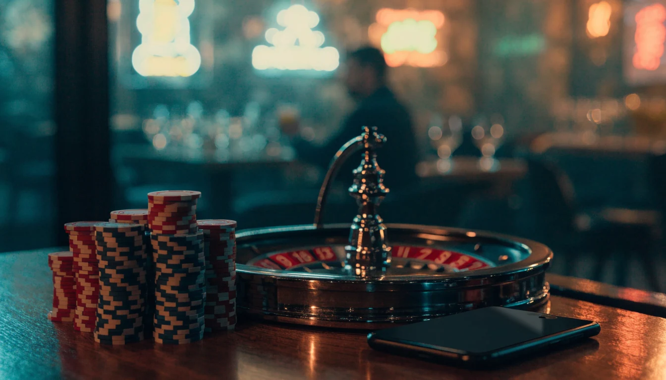Casino chips and roulette wheel on a wooden bar in a dimly lit UK-style lounge