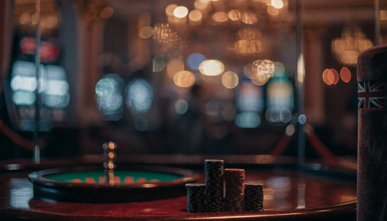 Elegant UK casino interior with roulette table and stacked chips