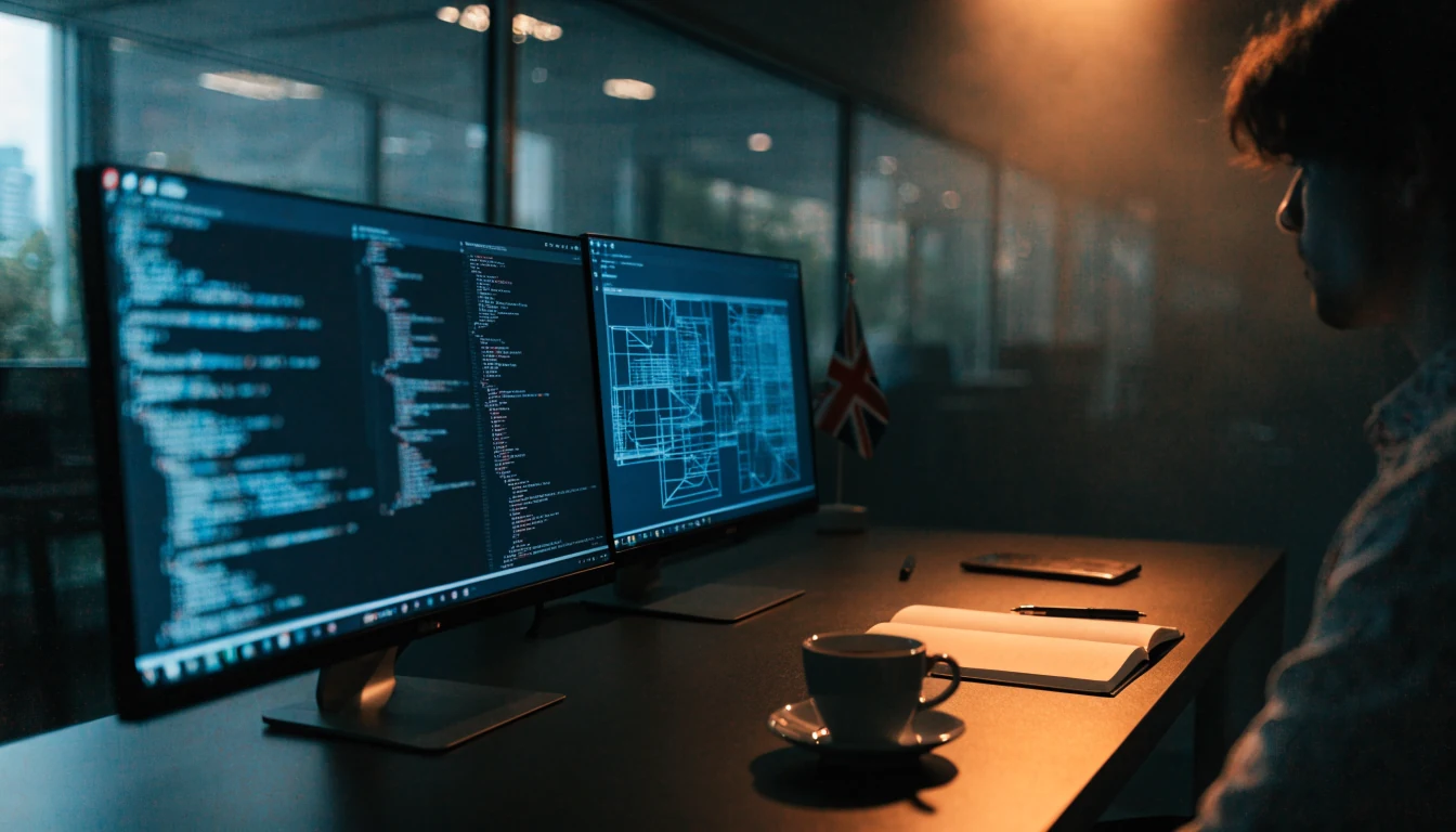 Game developer's workspace with turned-away monitors, hinting at the supplier behind a casino lobby