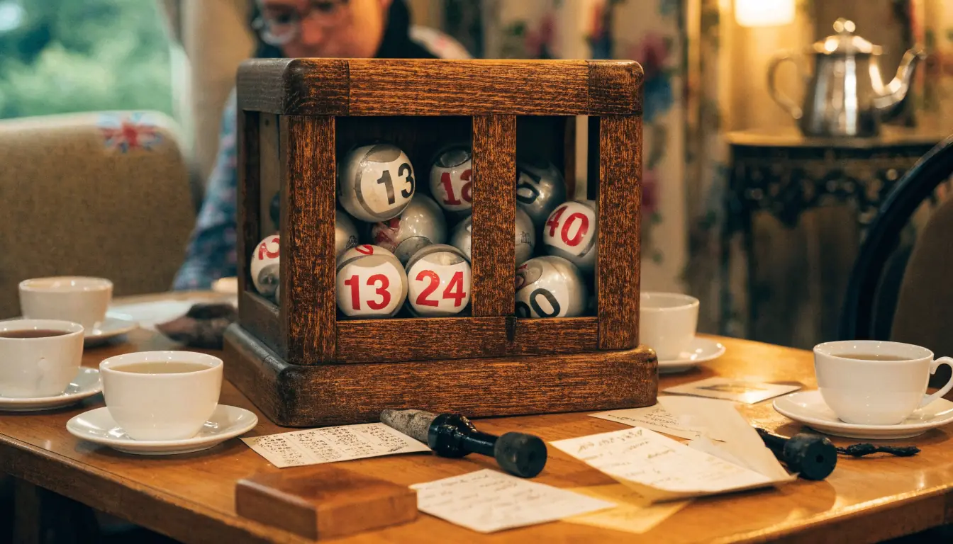 Traditional British bingo cage with numbered balls, teacups, and daubers on a wooden table