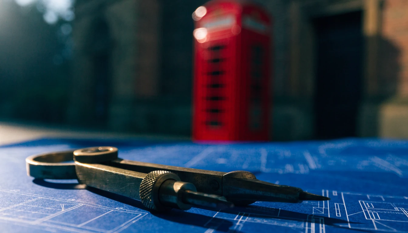 Brass compass on blueprint papers with a London telephone booth in the background